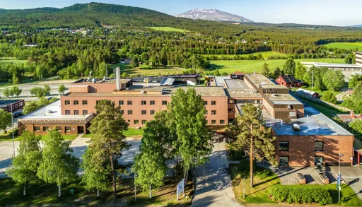 Sykehuset på Tynset sett ovenfra, omgitt av natur og fjell.